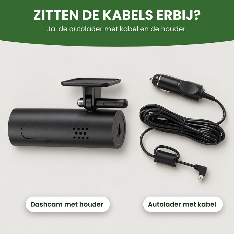 Wat erbij zit: de VoiceGuard Pro dashcam met houder en de autolader met kabel voor de sigarettenaansteker. De kabels zitten erbij