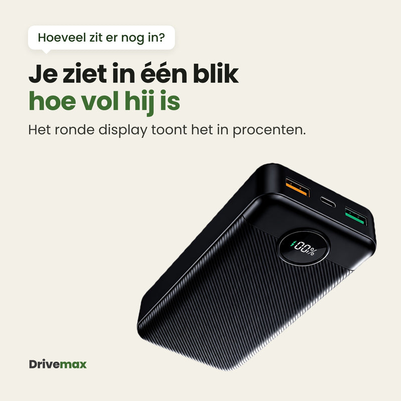 De Voltova powerbank met het ronde display op 100%: je ziet in één blik hoe vol hij is
