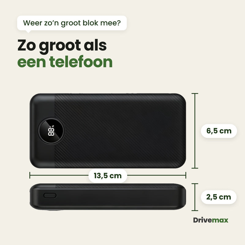 De Voltova powerbank liggend van voren en van opzij met de maten 13,5 x 6,5 x 2,5 cm: zo groot als een telefoon