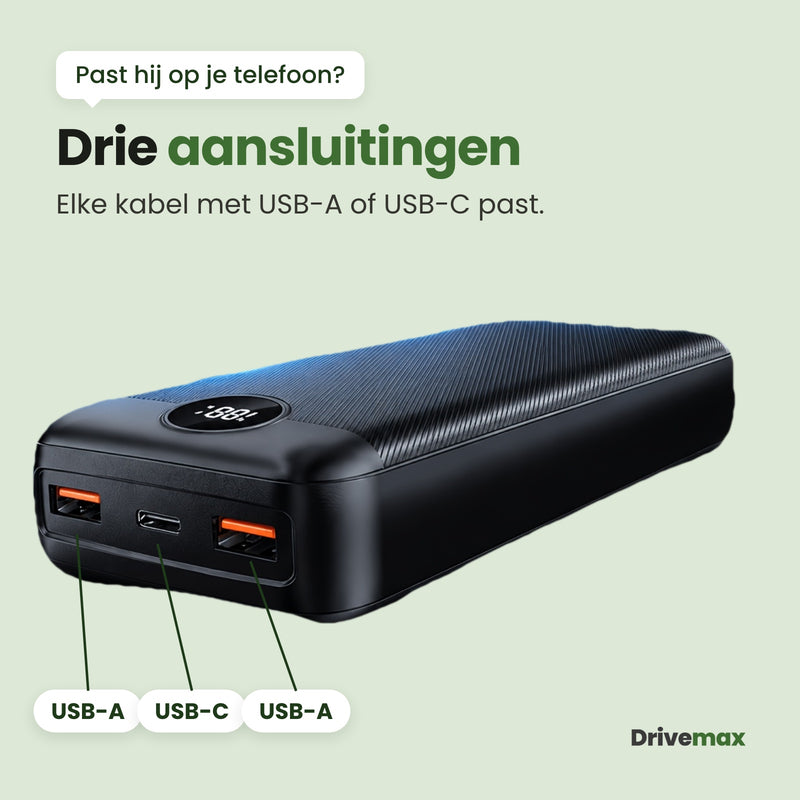 De korte kant van de Voltova powerbank met drie aansluitingen: USB-A, USB-C en USB-A