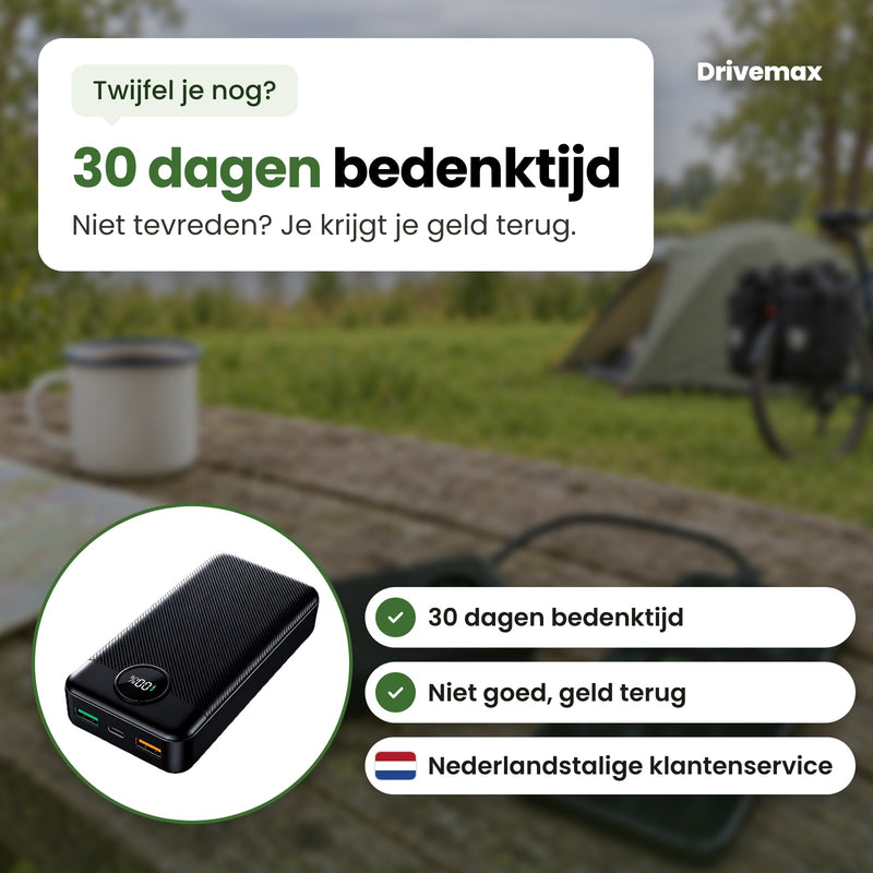 De Voltova powerbank in een cirkel, met Nederlandstalige klantenservice: 30 dagen bedenktijd, niet goed geld terug