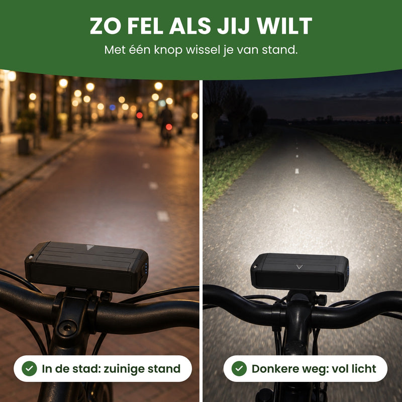 Links de Voltura fietslamp op de zuinige stand in de stad, rechts op vol licht op een donkere weg