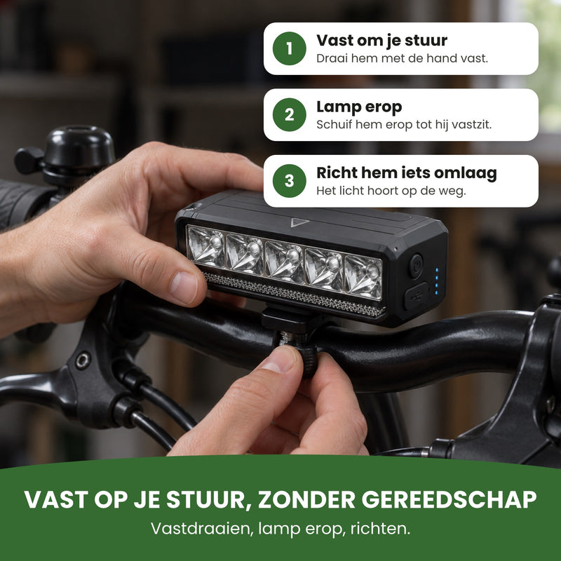 Voltura fietslamp vastzetten op het stuur in drie stappen, zonder gereedschap