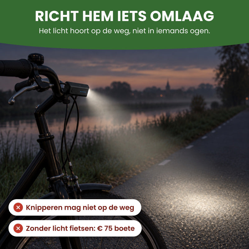 Voltura fietslamp iets omlaag gericht: de lichtbundel valt op de weg