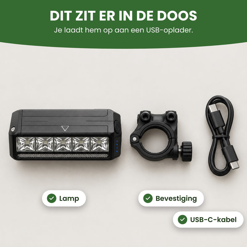 In de doos van de Voltura fietslamp: de lamp, de stuurbevestiging en een USB-C-kabel