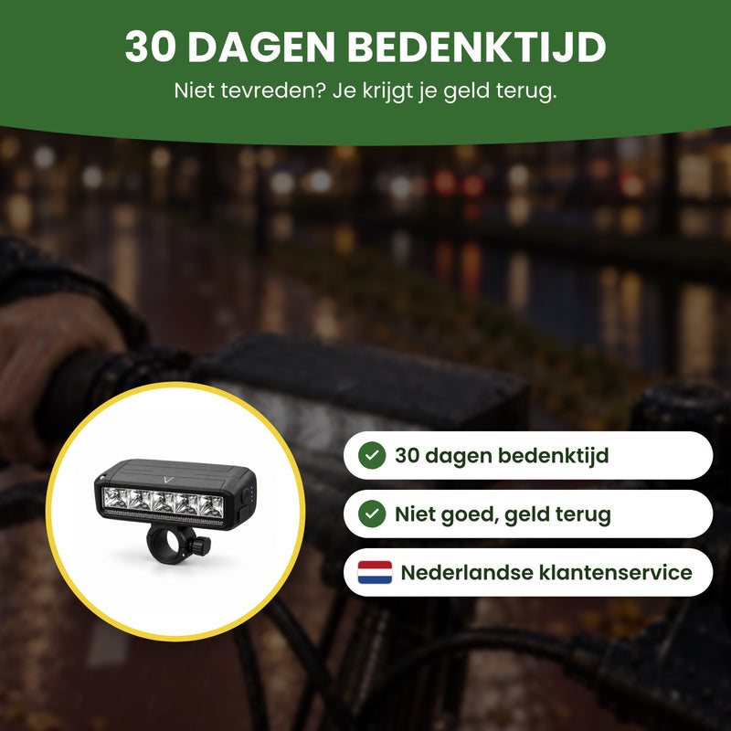 Voltura fietslamp met 30 dagen bedenktijd, niet goed geld terug en Nederlandse klantenservice