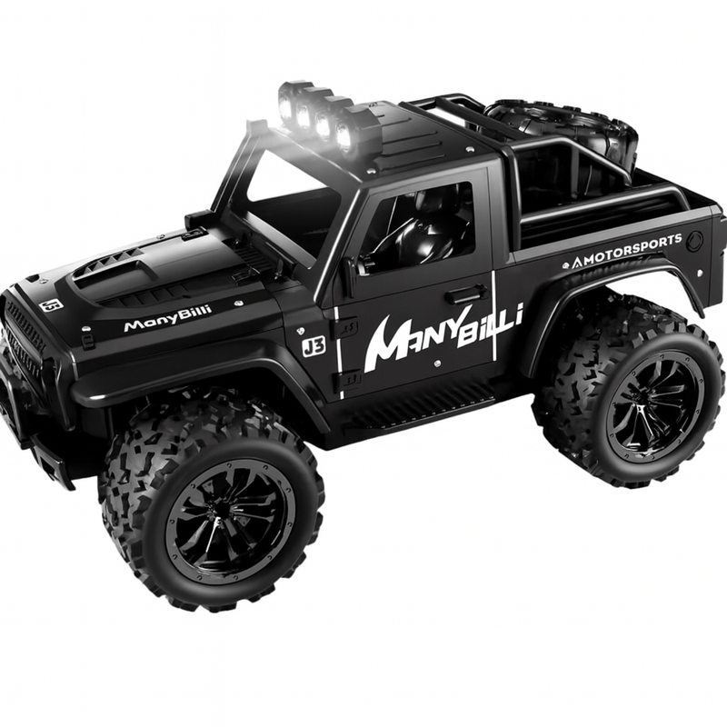 Zwarte VorteX bestuurbare offroad auto met robuuste banden en heldere ledverlichting op het dak.