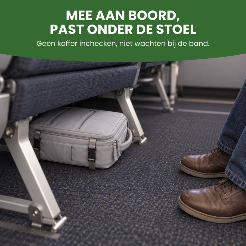 Grijze Voyaro rugzak ligt onder de vliegtuigstoel voor een passagier, naast zijn schoenen: mee aan boord, past onder de stoel