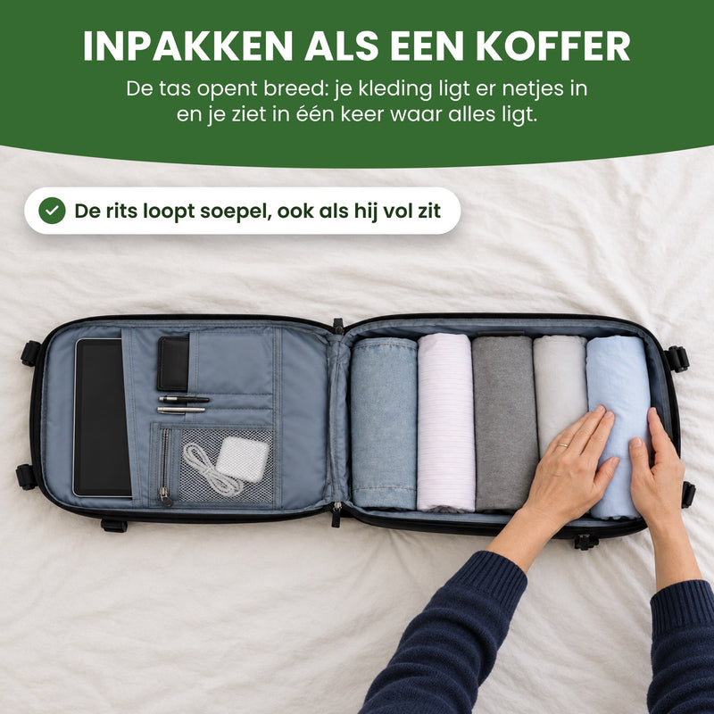 Zwarte Voyaro rugzak ligt open op bed met opgerolde kleding, een tablet en een oplader in de vakken: inpakken als een koffer