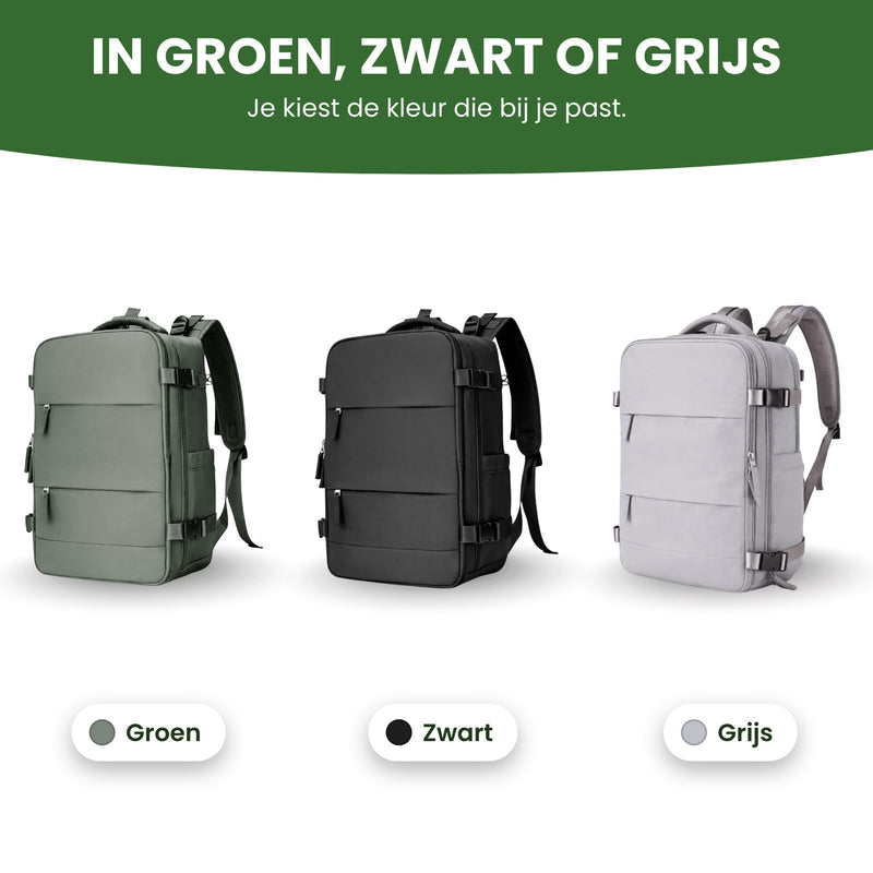 Voyaro handbagage-rugzak in drie kleuren naast elkaar: groen, zwart en grijs