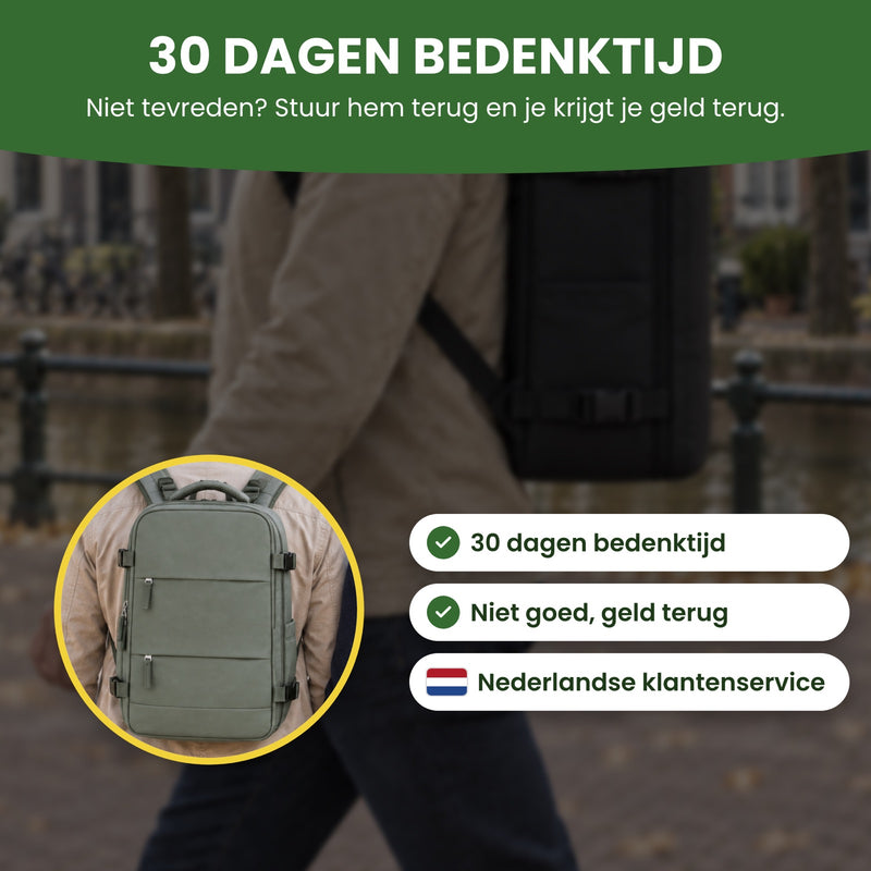Voyaro handbagage-rugzak met 30 dagen bedenktijd, niet goed geld terug en Nederlandse klantenservice