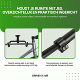 Verstelbaar zwart fiets ophangsysteem aan de muur met zachte haken, geschikt voor diverse fietsen en frames.