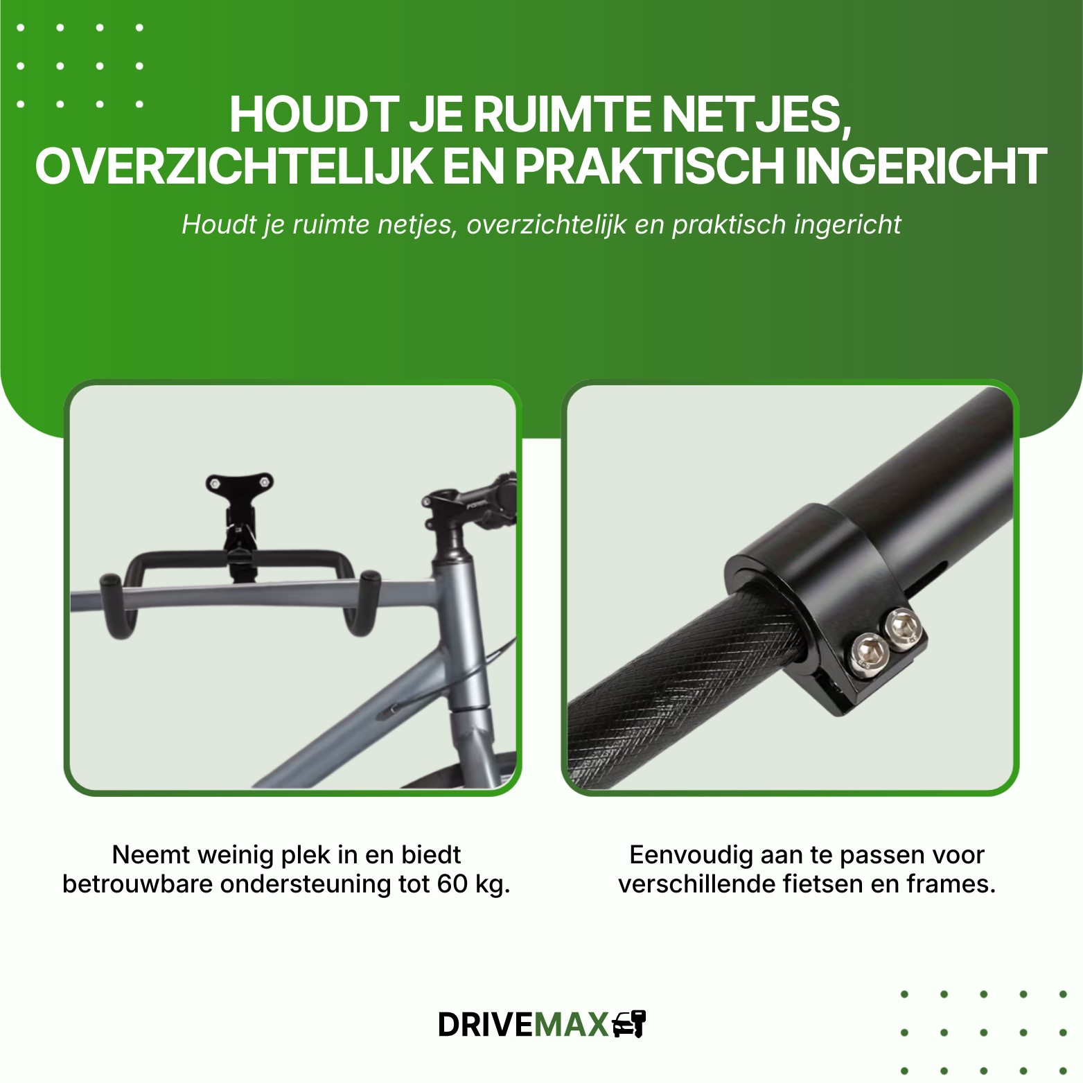Verstelbaar zwart fiets ophangsysteem aan de muur met zachte haken, geschikt voor diverse fietsen en frames.