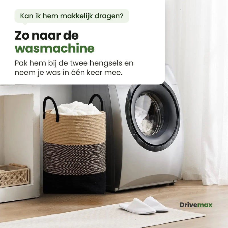 De Wasova wasmand met was naast een wasmachine: met de twee hengsels neem je je was in één keer mee