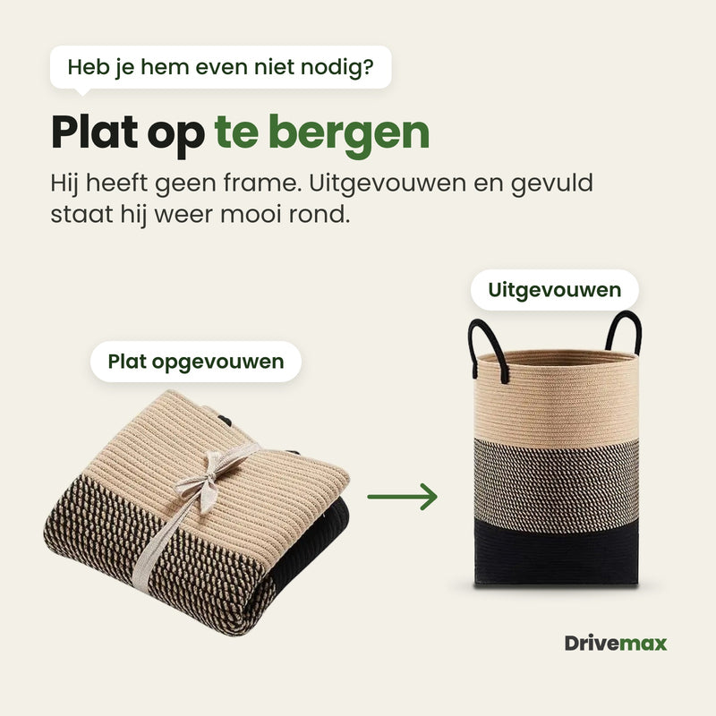 De Wasova wasmand plat opgevouwen en uitgevouwen naast elkaar: zonder frame, plat op te bergen