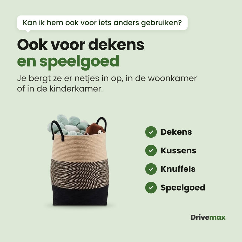 De Wasova wasmand gevuld met knuffels en kussens: ook voor dekens, kussens, knuffels en speelgoed