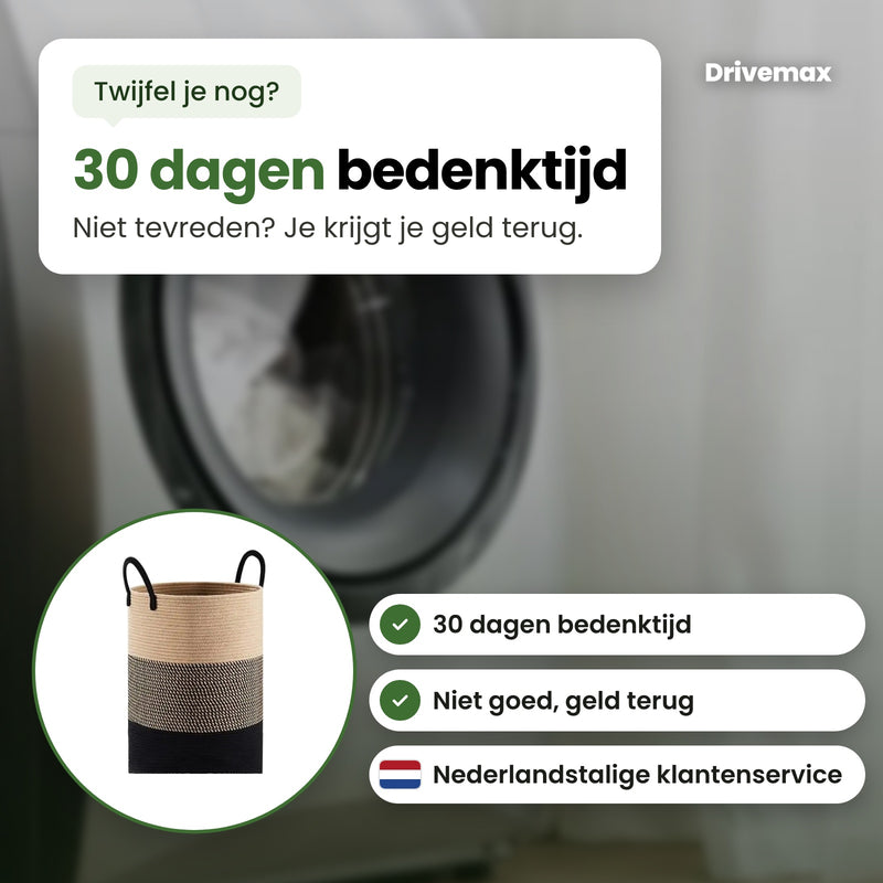 De Wasova wasmand in een cirkel, met Nederlandstalige klantenservice: 30 dagen bedenktijd, niet goed geld terug