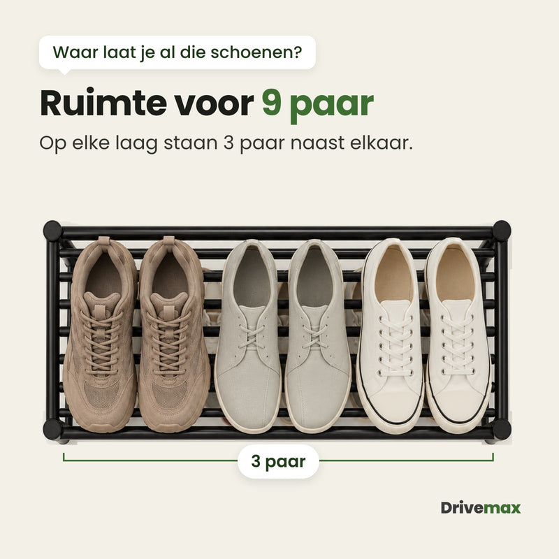 Het Zolova schoenenrek van bovenaf, met 3 paar schoenen naast elkaar op de bovenste laag: ruimte voor 9 paar