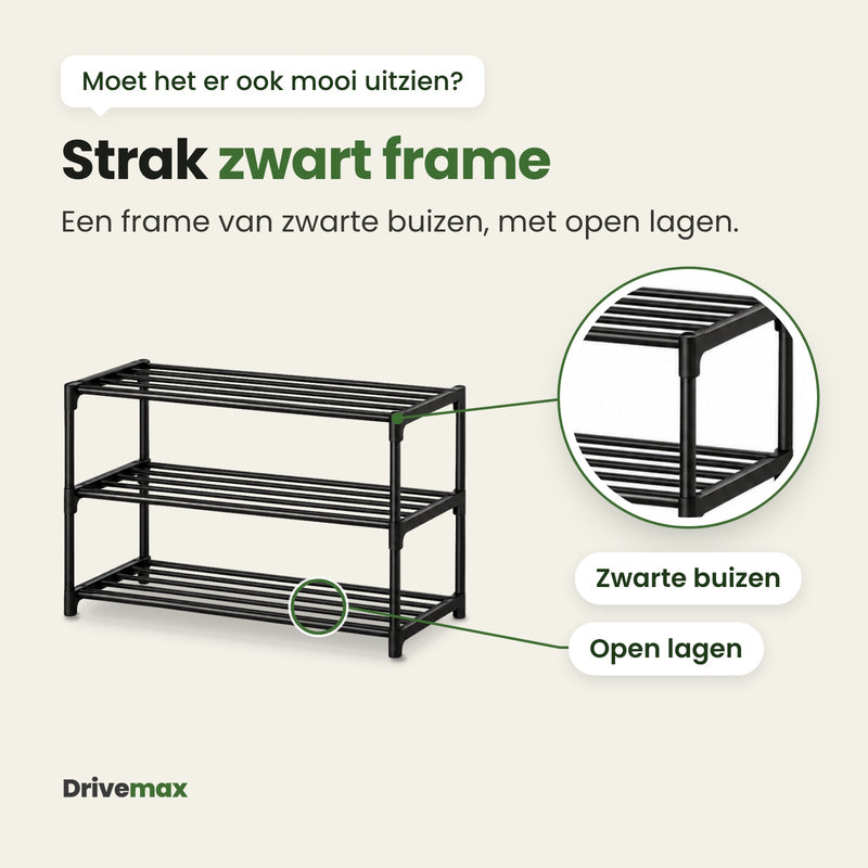 Het lege Zolova schoenenrek zonder schoenen, met een uitvergroting van een hoekverbinding en de open lagen: een strak zwart frame