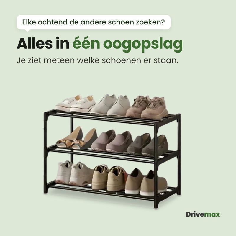 Het Zolova schoenenrek met 9 paar schoenen op drie open lagen, groot in beeld: alles in één oogopslag