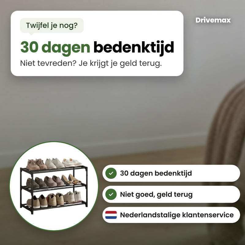 Het Zolova schoenenrek in een cirkel, met 30 dagen bedenktijd, niet goed geld terug en Nederlandstalige klantenservice