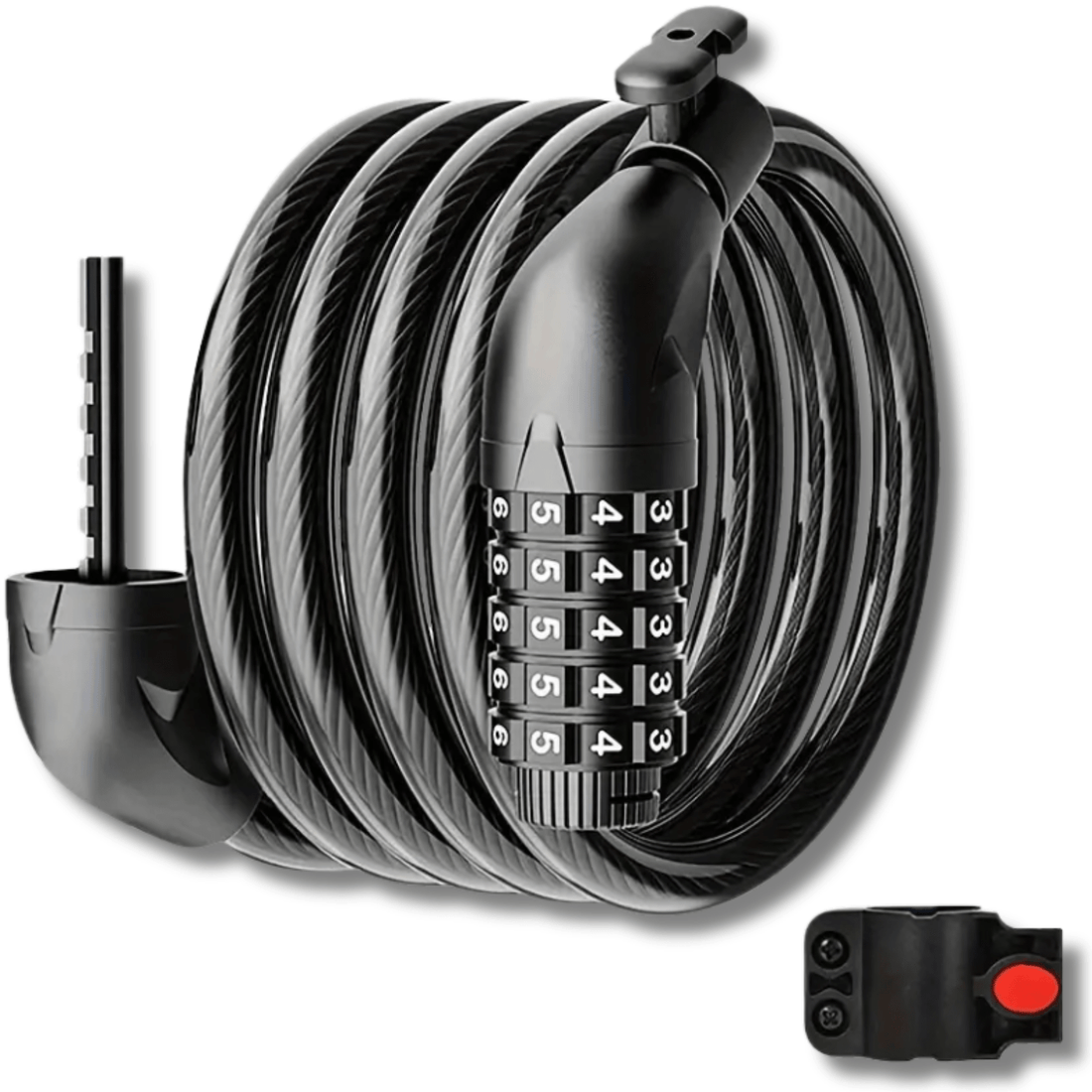 Zwart LockMaster kabelslot met vijf cijferrollen en bevestigingshouder voor montage aan fietsframe.