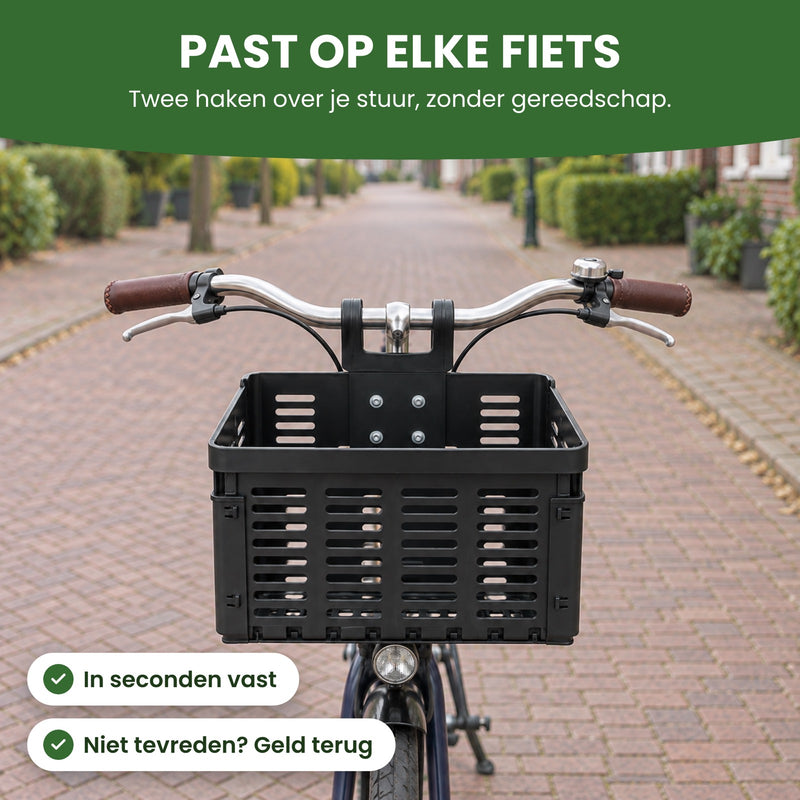 Lege Zyro fietsmand van voren, met twee haken over het stuur van een stadsfiets: past op elke fiets, zonder gereedschap