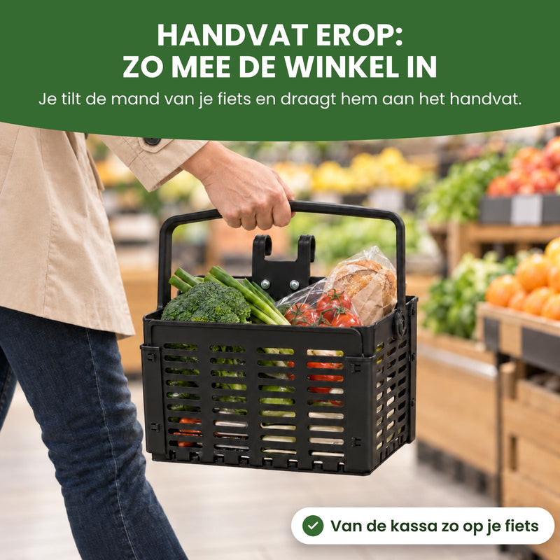 Vrouw draagt de Zyro fietsmand aan het handvat langs de groenteafdeling van de supermarkt: handvat erop, zo mee de winkel in