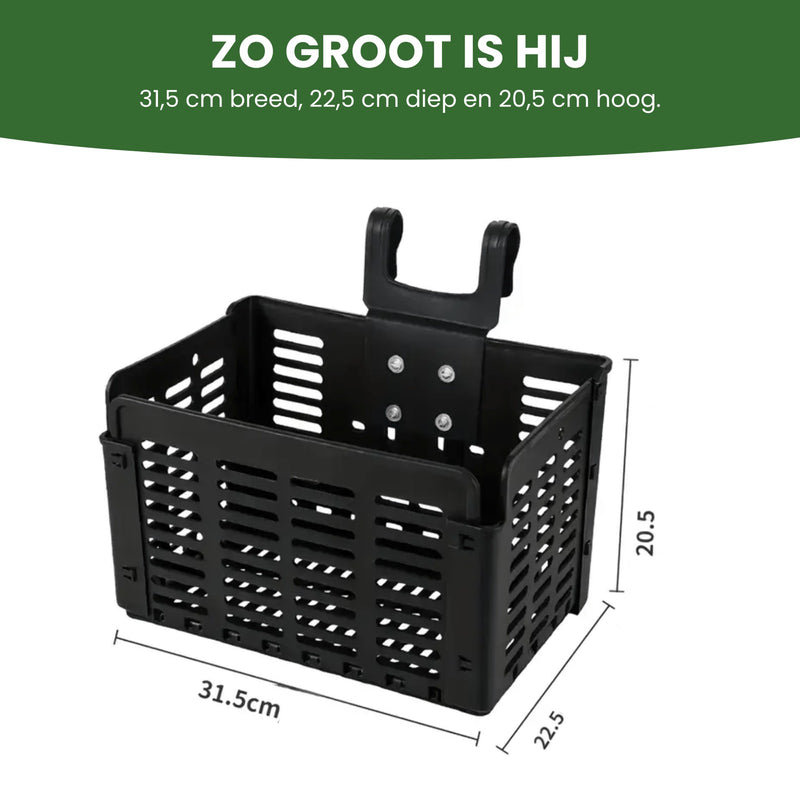 Zyro opvouwbare fietsmand op wit met maatlijnen: 31,5 cm breed, 22,5 cm diep en 20,5 cm hoog