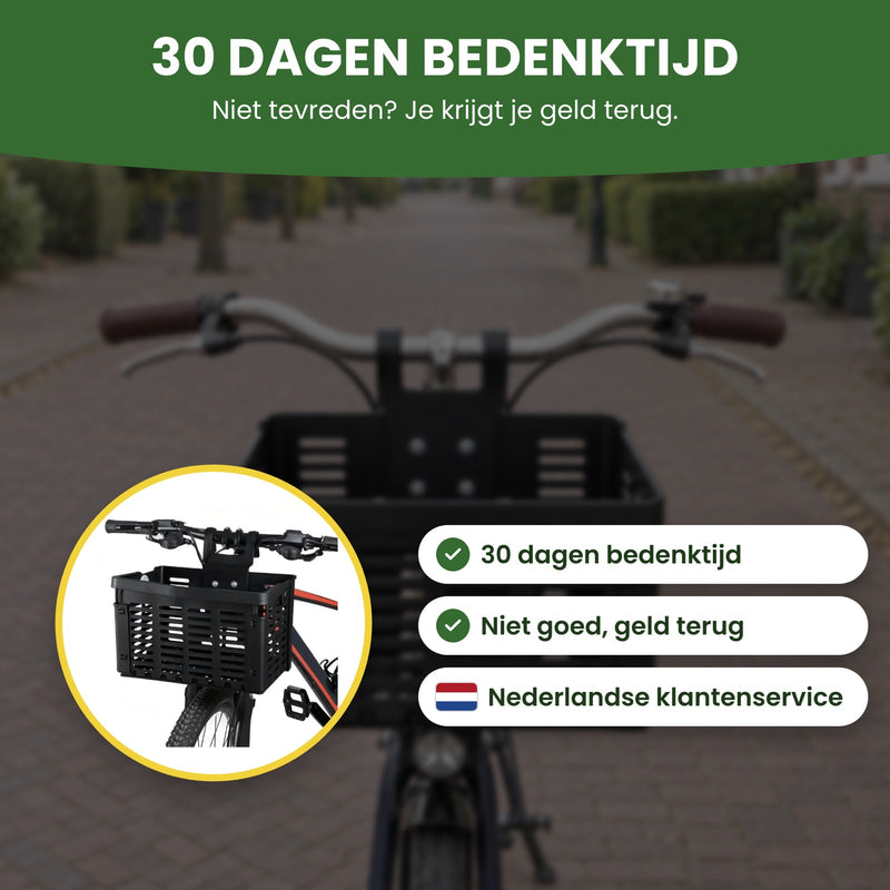 Zyro fietsmand met de labels ‘Niet goed, geld terug’ en ‘Nederlandse klantenservice’ met een Nederlands vlaggetje: 30 dagen bedenktijd