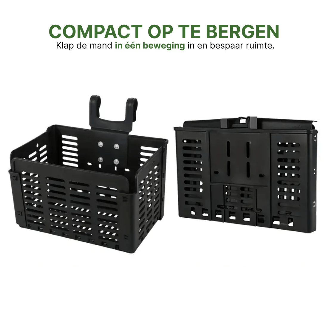 Zwarte Zyro fietsmand in uitgeklapte en ingeklapte staat, toont hoe compact de mand op te bergen is.