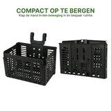 Zwarte Zyro fietsmand in uitgeklapte en ingeklapte staat, toont hoe compact de mand op te bergen is.